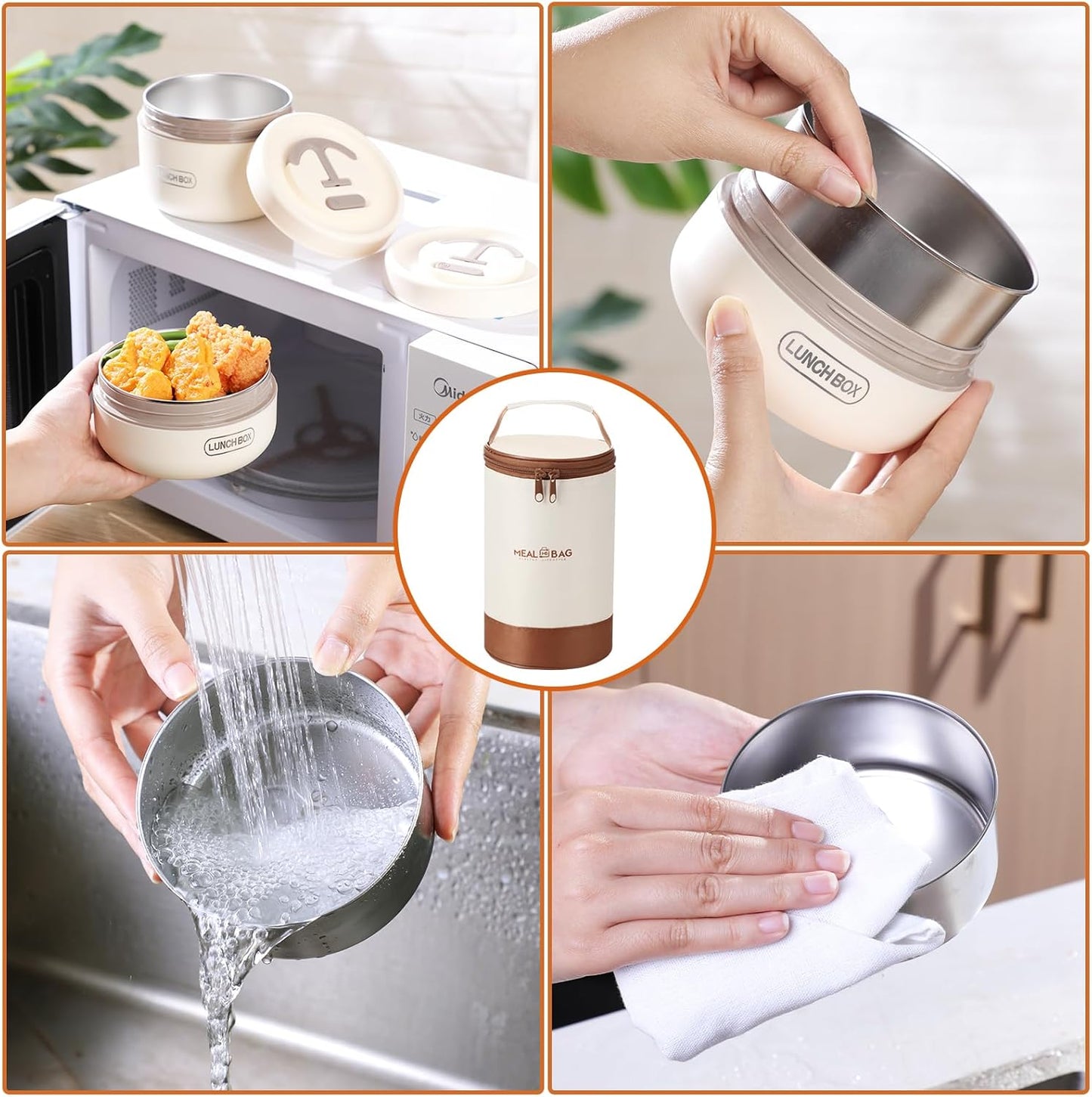 Dandat 3 Pcs Portable Insulated Lunch Container Set for Adult, Stackable Stainless Steel Bento Box for Hot Food with Insulated Lunch Bag Unisex 3 Separate Thermal Food Container(Beige)