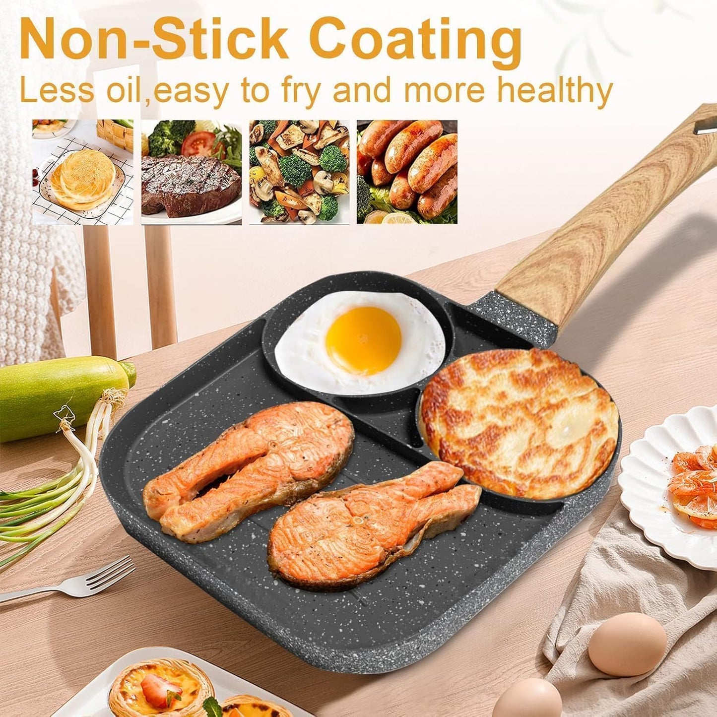 Trade Kite Non-Stick Egg Frying Pan 3 Section – Aluminium Pancake Skillet with Maifan Stone Coating – Breakfast Pan for Eggs, Burgers, Steak – Induction, Gas & Electric Stove Compatible