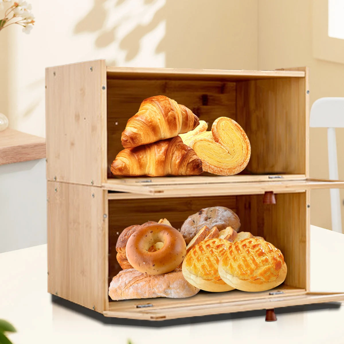 For Bamboo Large Bread Box - Acrylic Door Farmhouse Kitchen Storage (Bread/Spices, Top Shelf)