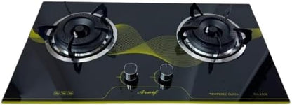 2-Burner Glass Gas Stove, Black Tempered Glass Top, Manual Ignition