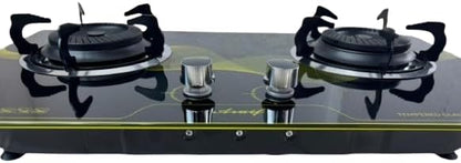 2-Burner Glass Gas Stove, Black Tempered Glass Top, Manual Ignition