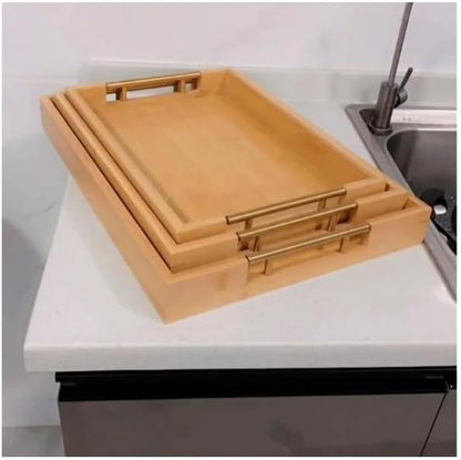 Wooden Serving Trays Set, 3 Nesting Trays with Handles, Light Oak