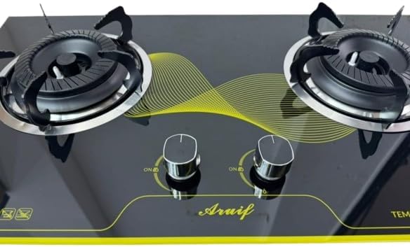 2-Burner Glass Gas Stove, Black Tempered Glass Top, Manual Ignition