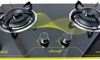 2-Burner Glass Gas Stove, Black Tempered Glass Top, Manual Ignition