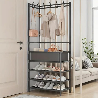 Clothes Rack with Shoe Storage, Black Metal, 170cm Height, 60cm Width, 3-Tier Shelves with Hooks