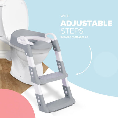 KIDOOLA Adjustable Potty Ladder Seat for Toilet Training with Steps,Handle & Soft Cushion Design Non Slip & e Efficient Toddlers & Children Foldable & Easy Assembly Splash Guard Included Grey
