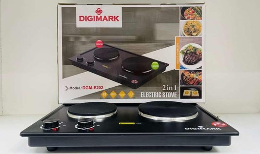2-in-1 Electric Stove, Model DGM-E202, 1500W + 1000W, Double Hot Plate Cooktop, Black