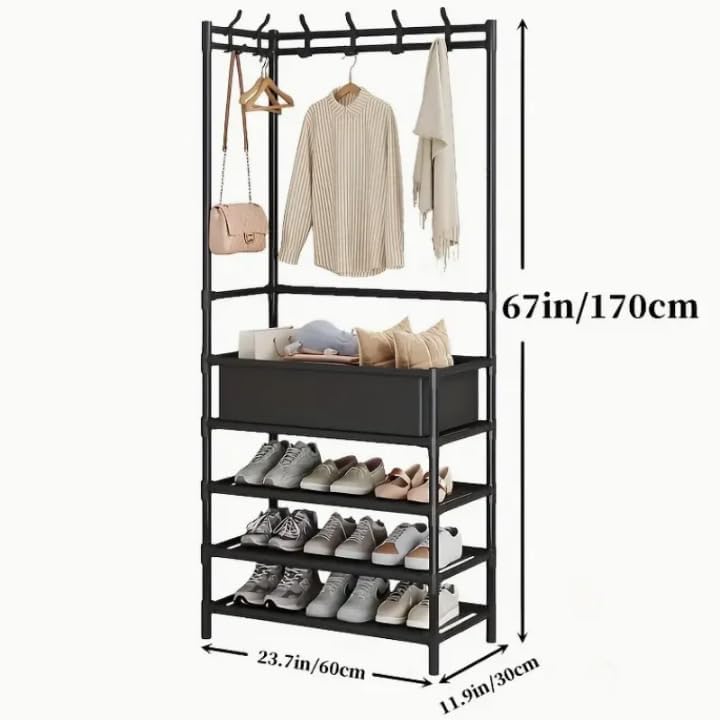 Clothes Rack with Shoe Storage, Black Metal, 170cm Height, 60cm Width, 3-Tier Shelves with Hooks
