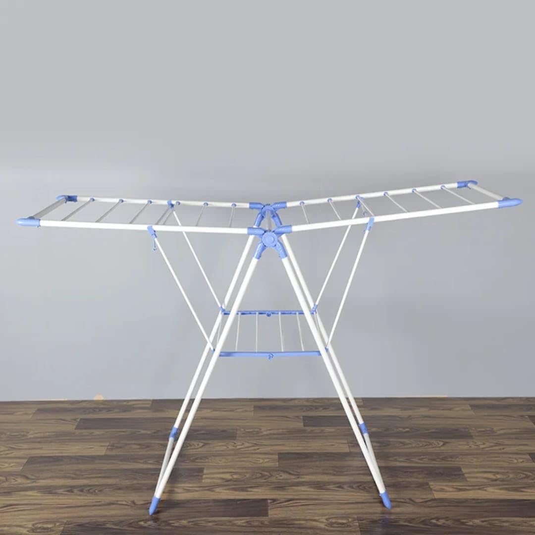 Foldable Laundry Drying Rack, Metal Frame, Gullwing Design, Indoor and Outdoor Use, Expandable Clothes Airer with Multiple Drying Rails (white and blue)