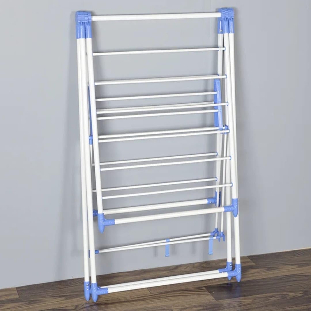 Foldable Laundry Drying Rack, Metal Frame, Gullwing Design, Indoor and Outdoor Use, Expandable Clothes Airer with Multiple Drying Rails (white and blue)