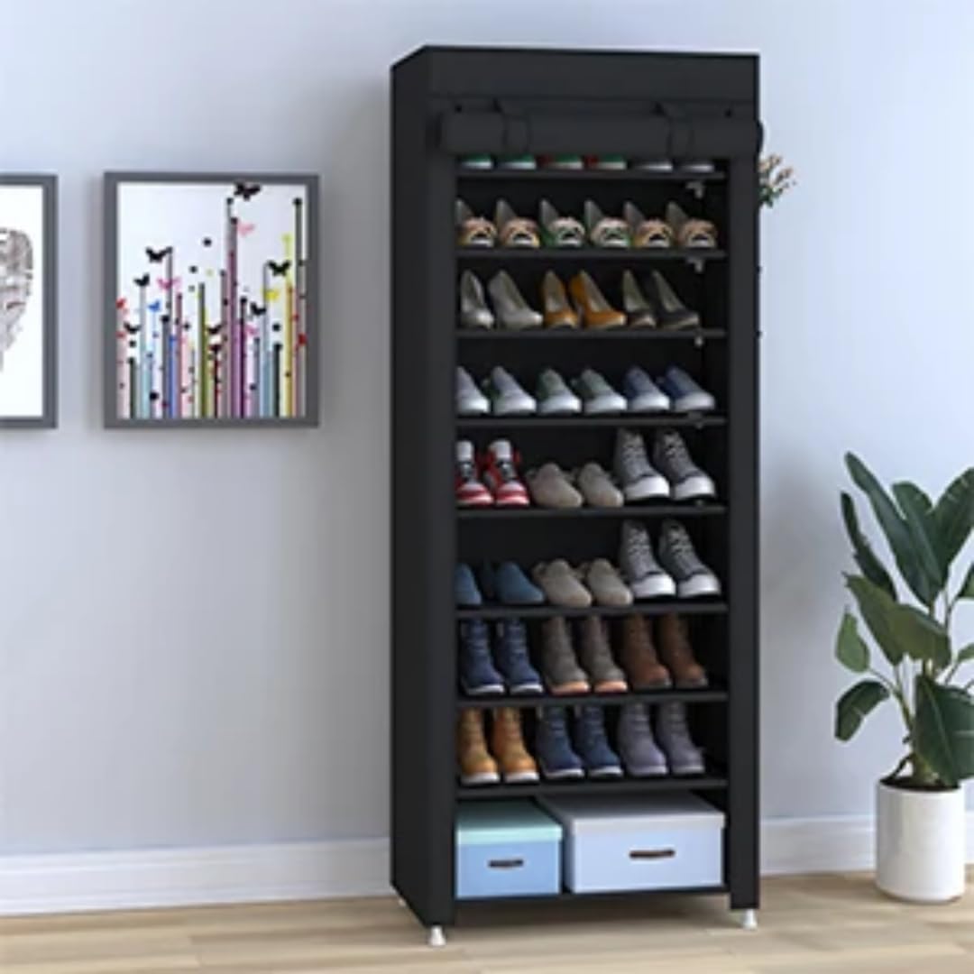 10-Tier Portable Shoe Rack with Roll-Up Cover, Fabric Storage Organizer, 30 Pairs Capacity, Space-Saving Design for Home (Black)