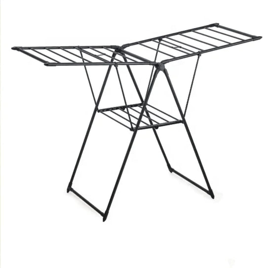 Foldable Laundry Drying Rack, Metal Frame, Gullwing Design, Indoor and Outdoor Use, Expandable Clothes Airer with Multiple Drying Rails (Black)