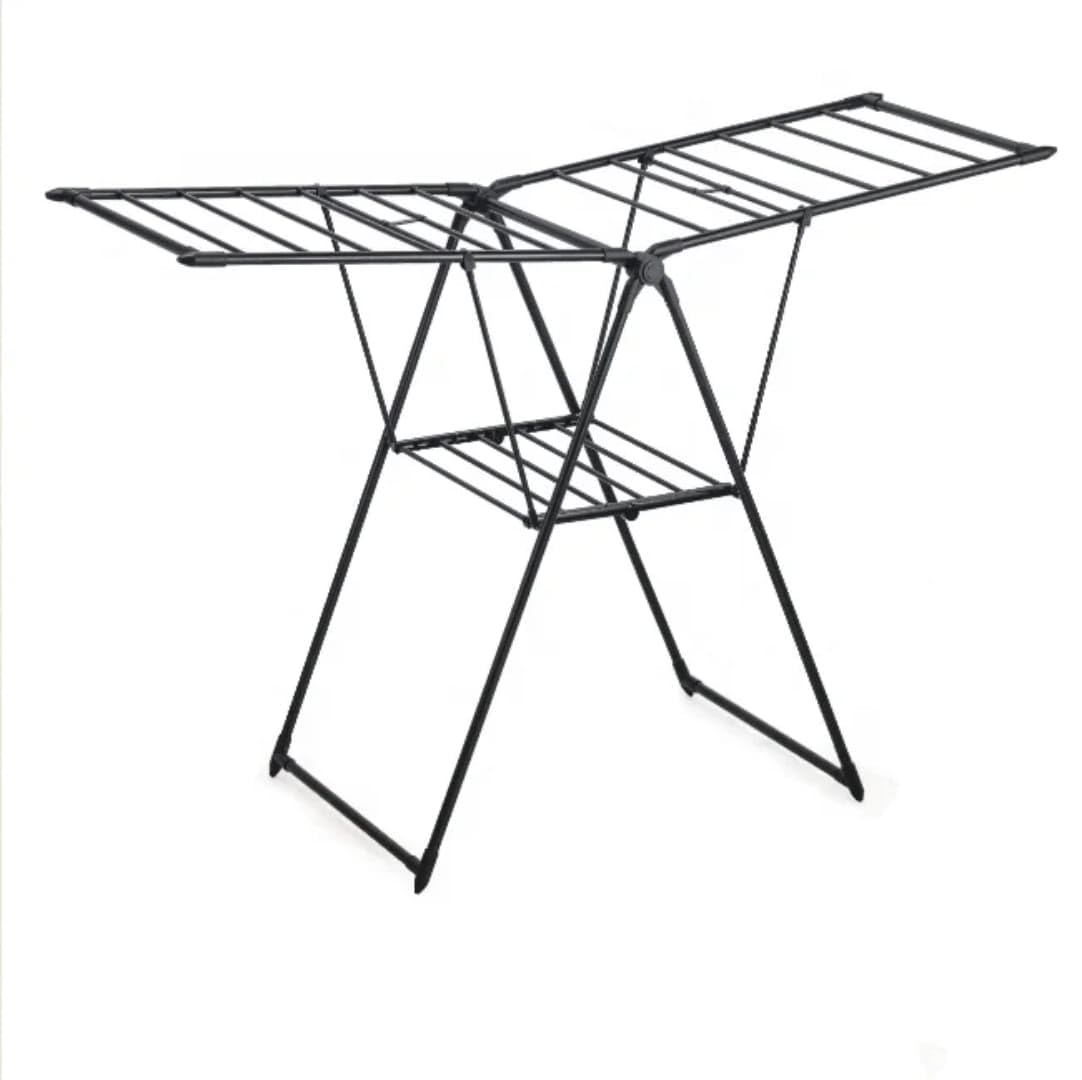 Foldable Laundry Drying Rack, Metal Frame, Gullwing Design, Indoor and Outdoor Use, Expandable Clothes Airer with Multiple Drying Rails (white and blue)