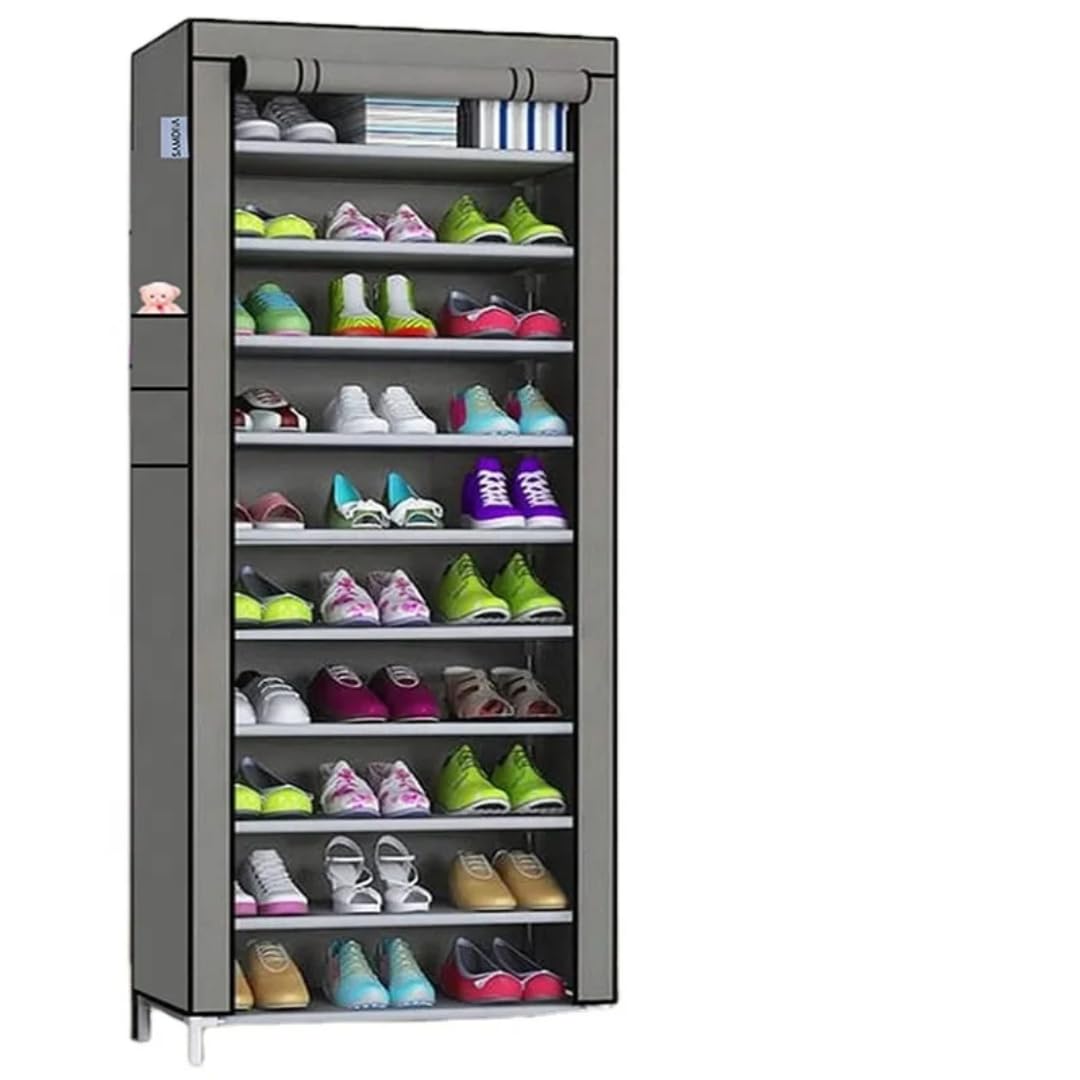 10-Tier Portable Shoe Rack with Roll-Up Cover, Fabric Storage Organizer, 30 Pairs Capacity, Space-Saving Design for Home (Black)