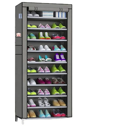 10-Tier Portable Shoe Rack with Roll-Up Cover, Fabric Storage Organizer, 30 Pairs Capacity, Space-Saving Design for Home (Black)