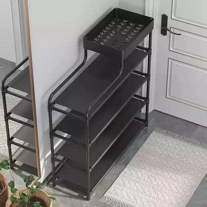 5-Tier Shoe Rack, Black Metal Frame, Entryway Storage Organizer with Drawer, Space Saving Design