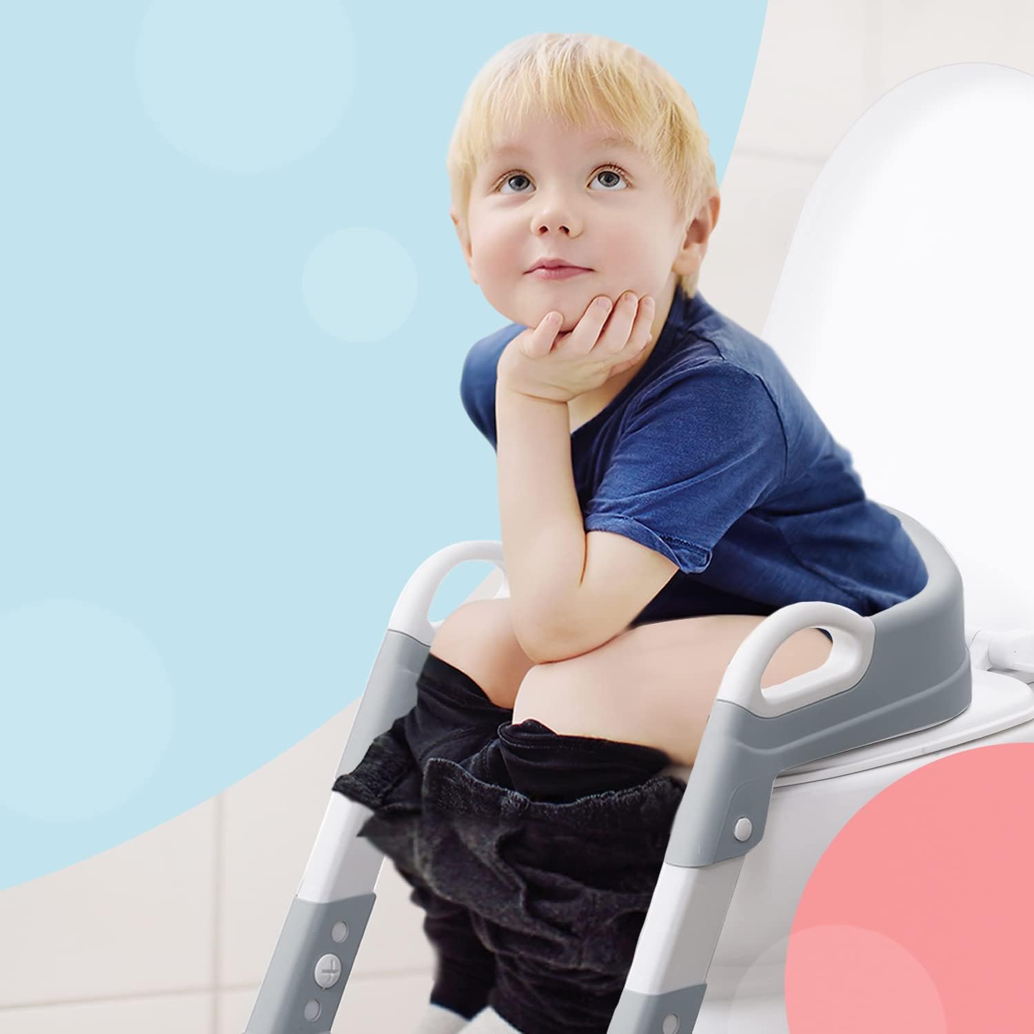 KIDOOLA Adjustable Potty Ladder Seat for Toilet Training with Steps,Handle & Soft Cushion Design Non Slip & e Efficient Toddlers & Children Foldable & Easy Assembly Splash Guard Included Grey