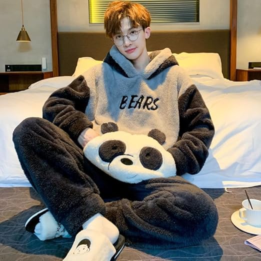 Unisex Fleece Pajama Set, BEARS Print, Hooded Top with Pants, Warm Winter Loungewear