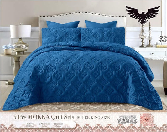 5 pieces bed spread super king cl(1 super king mokka quilt,2 standard pillow cases and 2 continental pillow cases) (Blue)