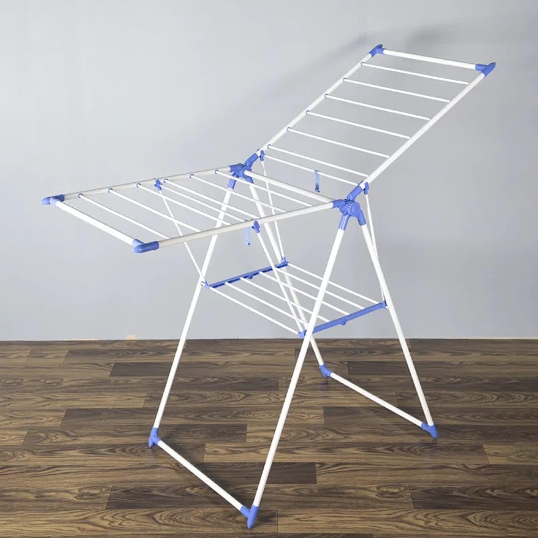 Foldable Laundry Drying Rack, Metal Frame, Gullwing Design, Indoor and Outdoor Use, Expandable Clothes Airer with Multiple Drying Rails (white and blue)