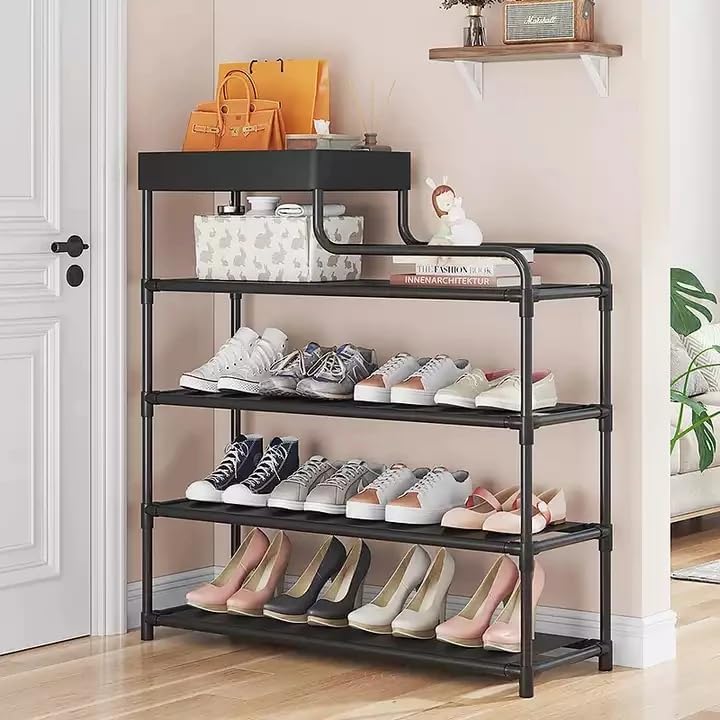 5-Tier Shoe Rack, Black Metal Frame, Entryway Storage Organizer with Drawer, Space Saving Design