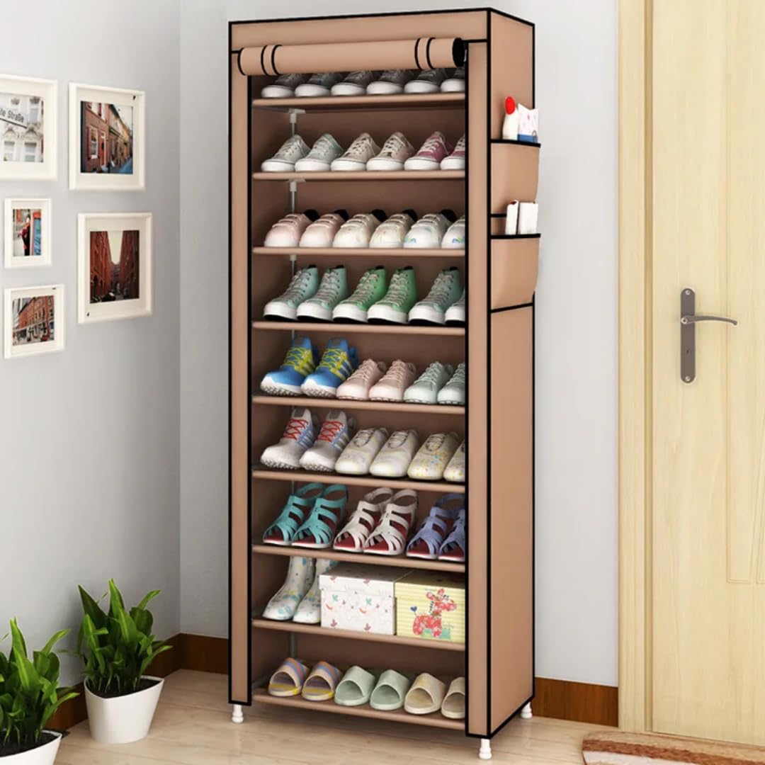 10-Tier Portable Shoe Rack with Roll-Up Cover, Fabric Storage Organizer, 30 Pairs Capacity, Space-Saving Design for Home (Black)