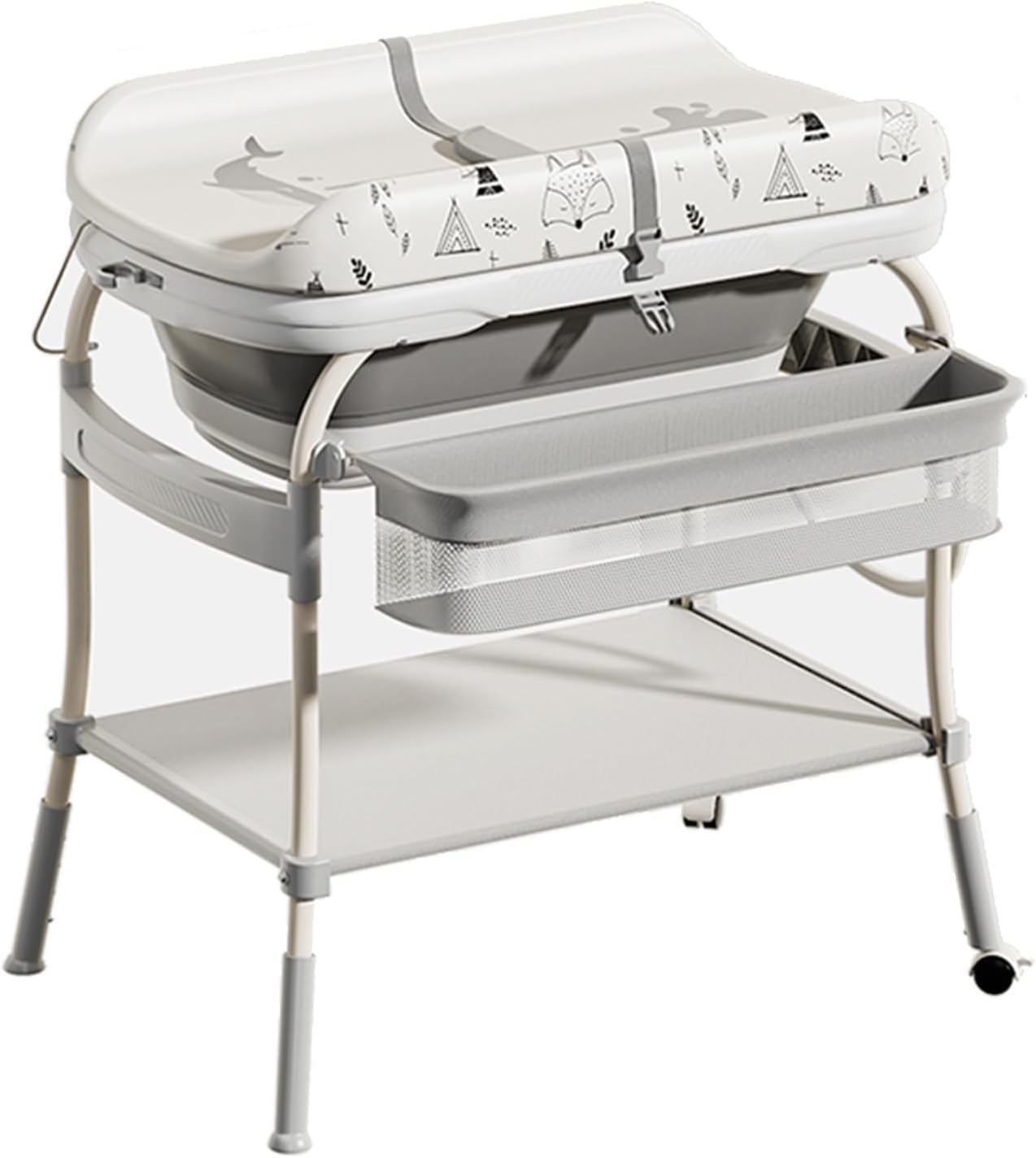 PandaEar 2-in-1 Baby Bathtub & Changing Table, Adjustable Height Folding Diaper Station Waterproof Pad with Storage Rack & Wheels, Baby Bath Tub with Thermometer