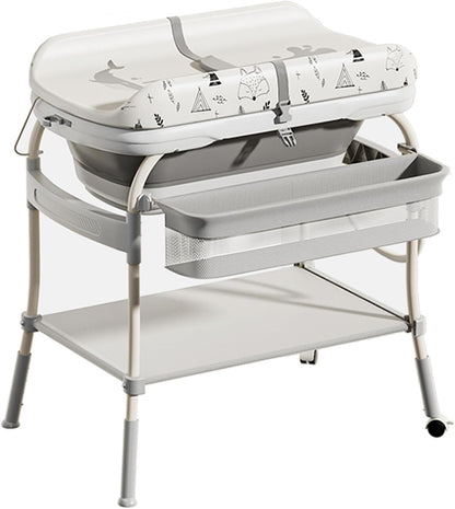 PandaEar 2-in-1 Baby Bathtub & Changing Table, Adjustable Height Folding Diaper Station Waterproof Pad with Storage Rack & Wheels, Baby Bath Tub with Thermometer