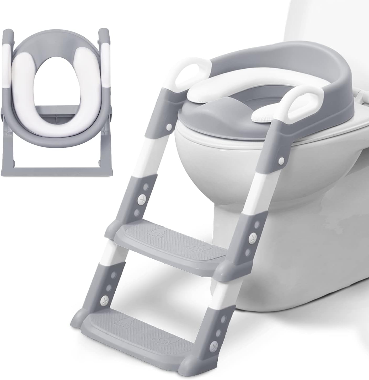 KIDOOLA Adjustable Potty Ladder Seat for Toilet Training with Steps,Handle & Soft Cushion Design Non Slip & e Efficient Toddlers & Children Foldable & Easy Assembly Splash Guard Included Grey