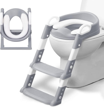 KIDOOLA Adjustable Potty Ladder Seat for Toilet Training with Steps,Handle & Soft Cushion Design Non Slip & e Efficient Toddlers & Children Foldable & Easy Assembly Splash Guard Included Grey