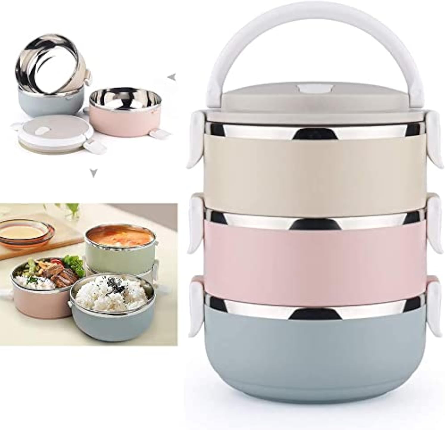 Bento Box Stainless Steel Lunch Box Multi Layers Stackable Leak-Proof Thermal Bento Boxes for Kids Adults Portable Food Container for School Office Work Home Picnic 2.1L (3 Layer)