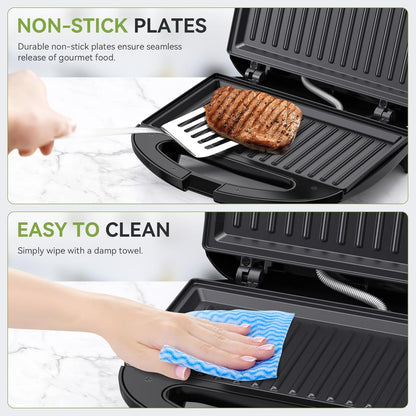 Snailar 2 Slice Sandwich Toaster with Grill Plates, Non-Stick, PFOA Free, Cool Touch Handle, 750W, Black