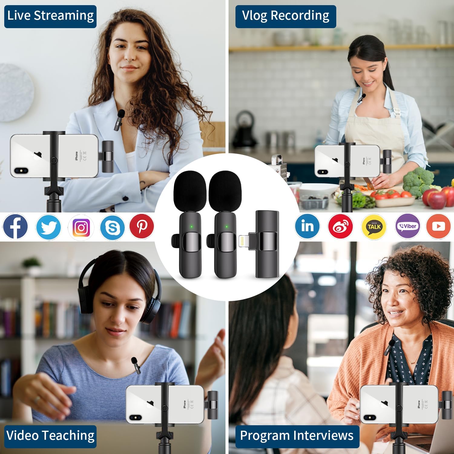 Wireless Microphone for iPhone, iPad, Cordless Lavalier Lapel Omnidirectional Condenser Recording Mic for Video Recording, Live Streaming, Interview Podcast Vlog YouTube Tiktok(2 Pack)