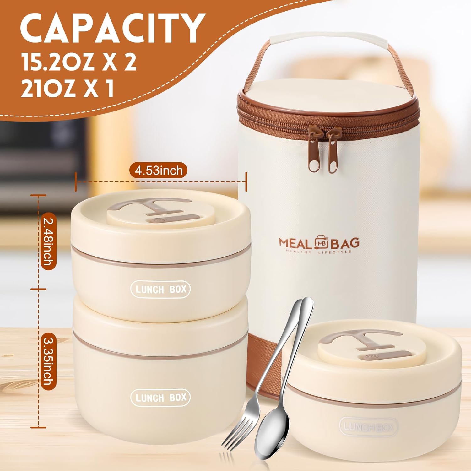 Dandat 3 Pcs Portable Insulated Lunch Container Set for Adult, Stackable Stainless Steel Bento Box for Hot Food with Insulated Lunch Bag Unisex 3 Separate Thermal Food Container(Beige)