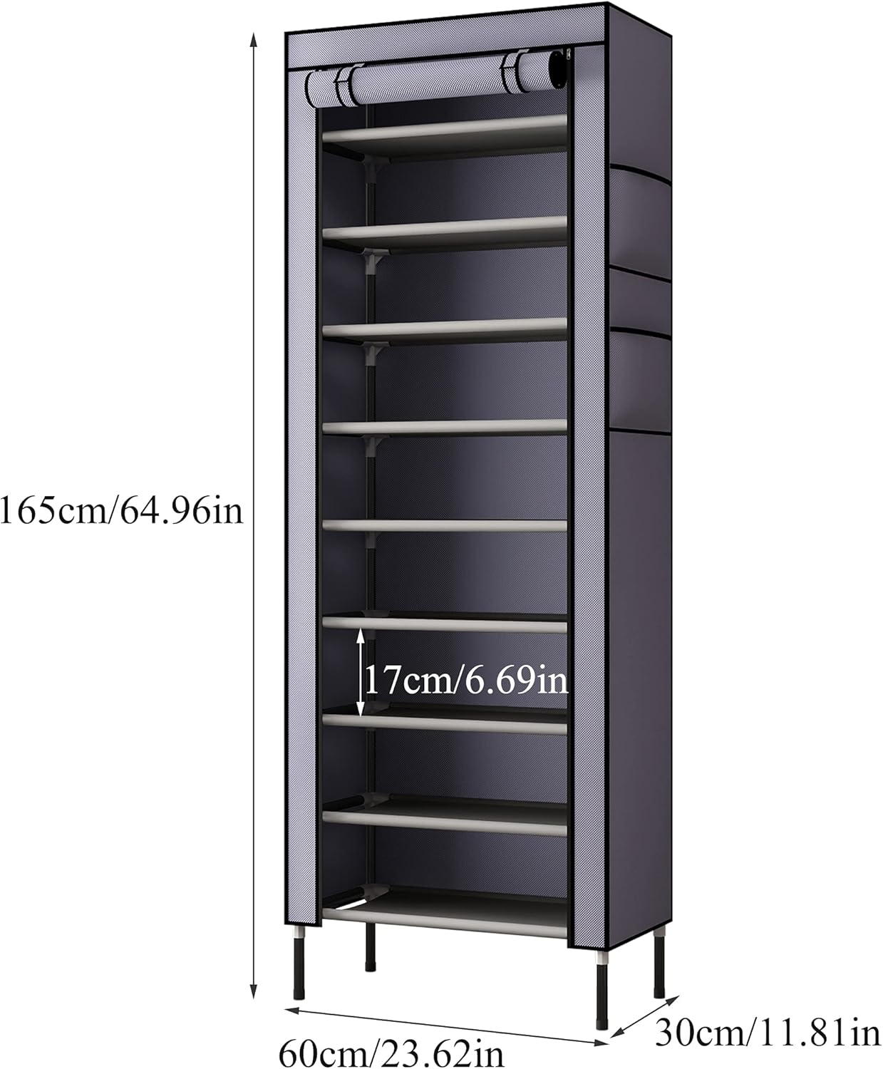 S203 10 Tiers 16mm Extra Thicken Poles Sturdy Shoe Cabinet Tower Storage Organizer Shoe Rack Stand 60 x 28 x 170cm with Extra Thicken 420D Oxford Fabric Dustproof Cover Hold Up To 30 Pairs