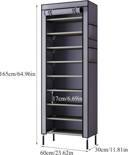 S203 10 Tiers 16mm Extra Thicken Poles Sturdy Shoe Cabinet Tower Storage Organizer Shoe Rack Stand 60 x 28 x 170cm with Extra Thicken 420D Oxford Fabric Dustproof Cover Hold Up To 30 Pairs