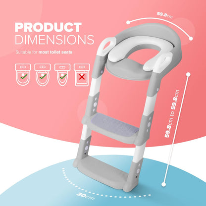 KIDOOLA Adjustable Potty Ladder Seat for Toilet Training with Steps,Handle & Soft Cushion Design Non Slip & e Efficient Toddlers & Children Foldable & Easy Assembly Splash Guard Included Grey
