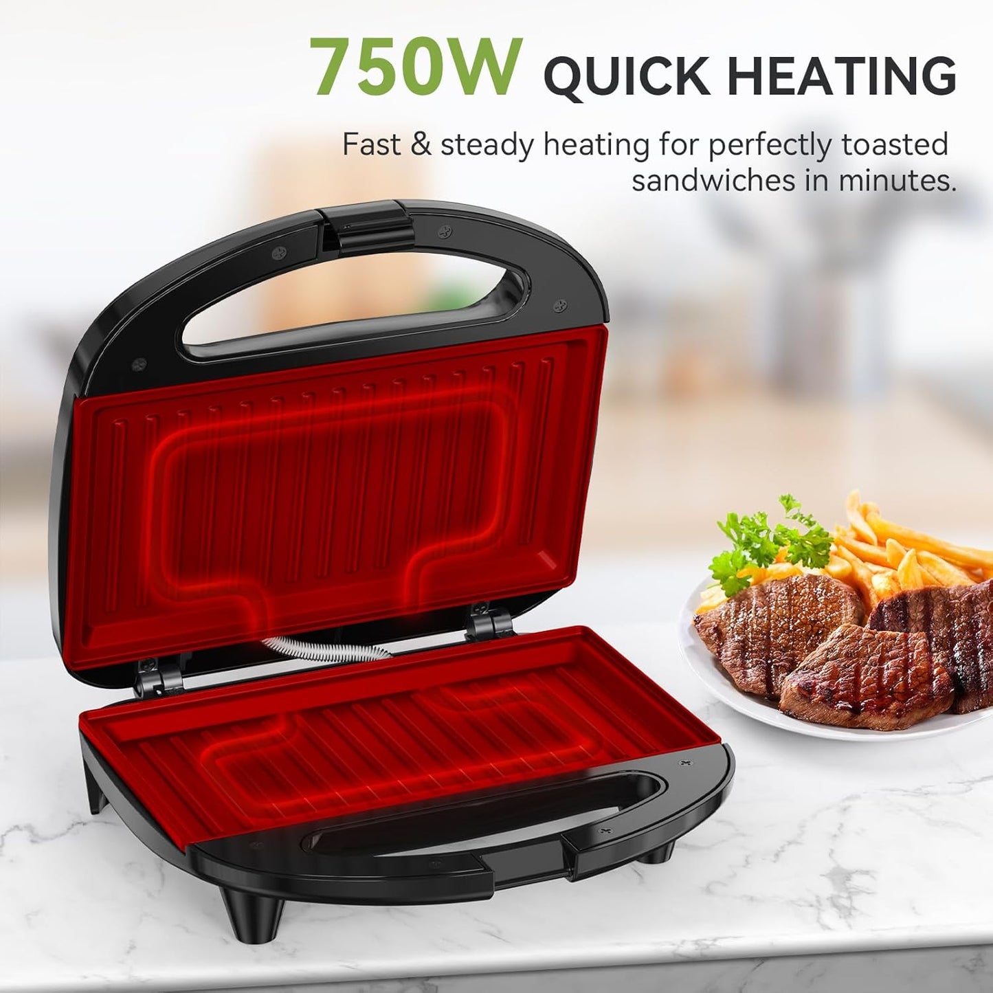 Snailar 2 Slice Sandwich Toaster with Grill Plates, Non-Stick, PFOA Free, Cool Touch Handle, 750W, Black