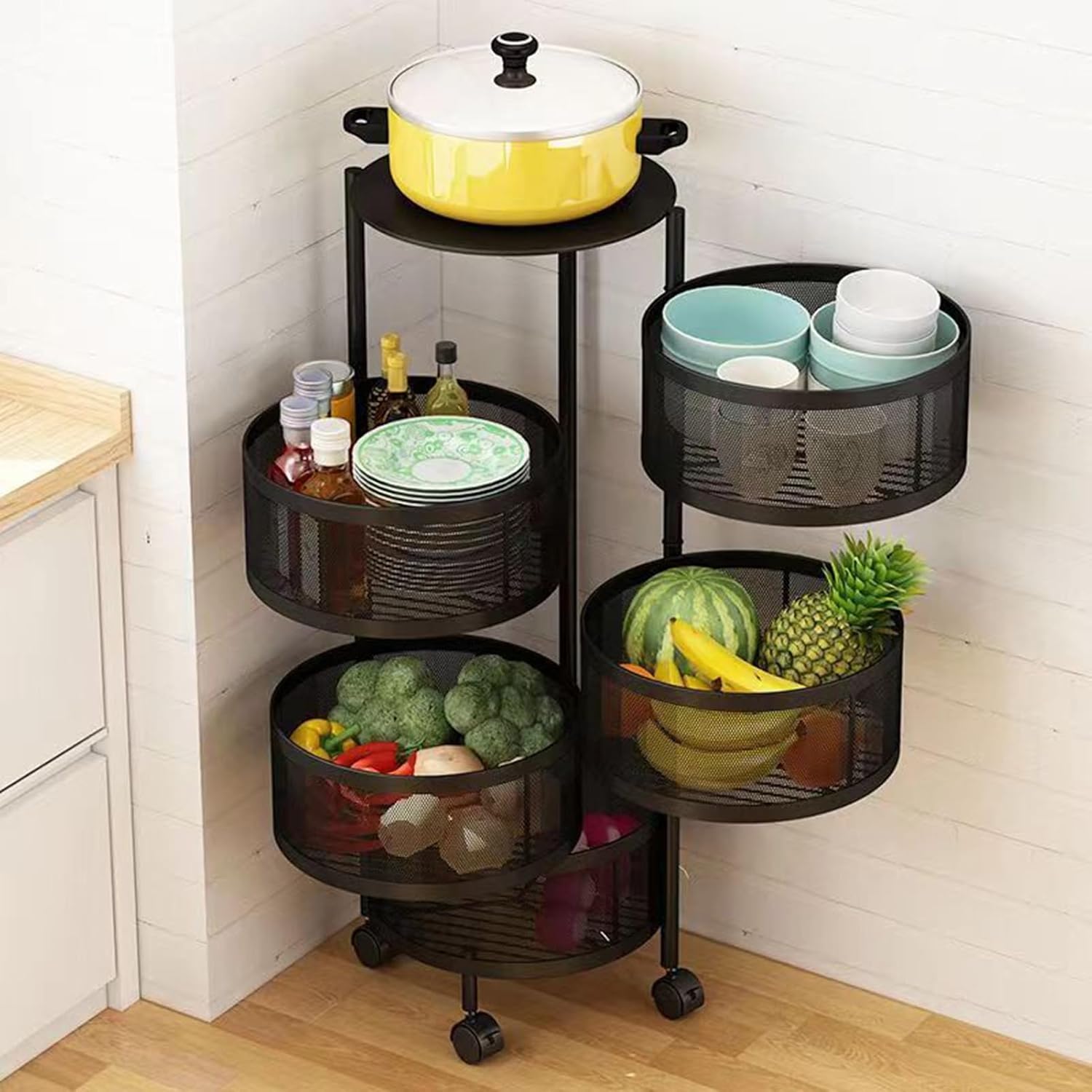 Rotating Storage Rack for Kitchen, Fruit and Vegetable Basket Bowls for Kitchen with Metal Top Lid, 5 Tier Circular Rotating Basket Large Storage Rack with Wheels, Wire Basket Organizer Blac