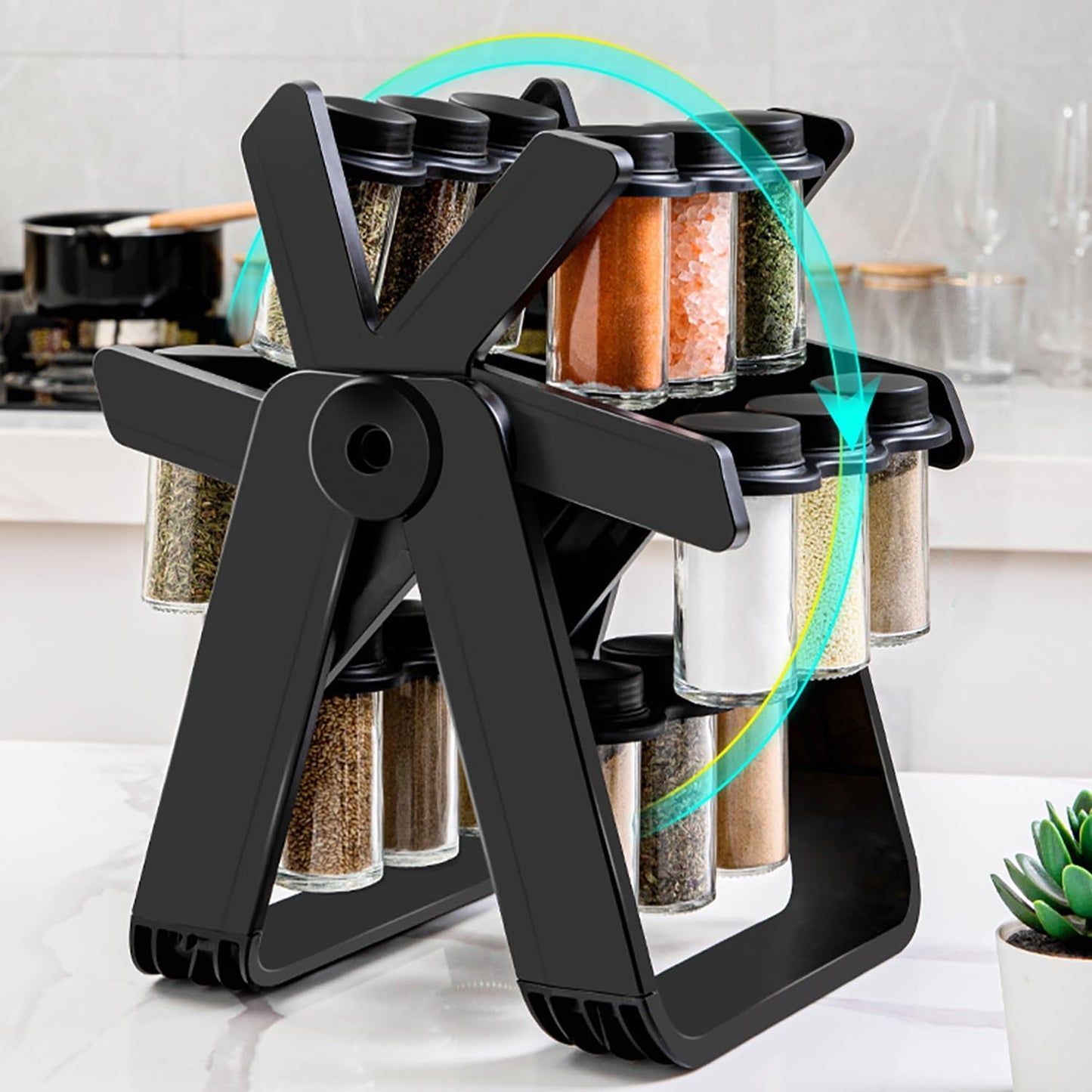 Rotating Spice Rack - Revolving Ferris Wheel Countertop Spice Organization with 18 Glass Spice Jars Countertop Spice Storage Rack for Families Kitchen
