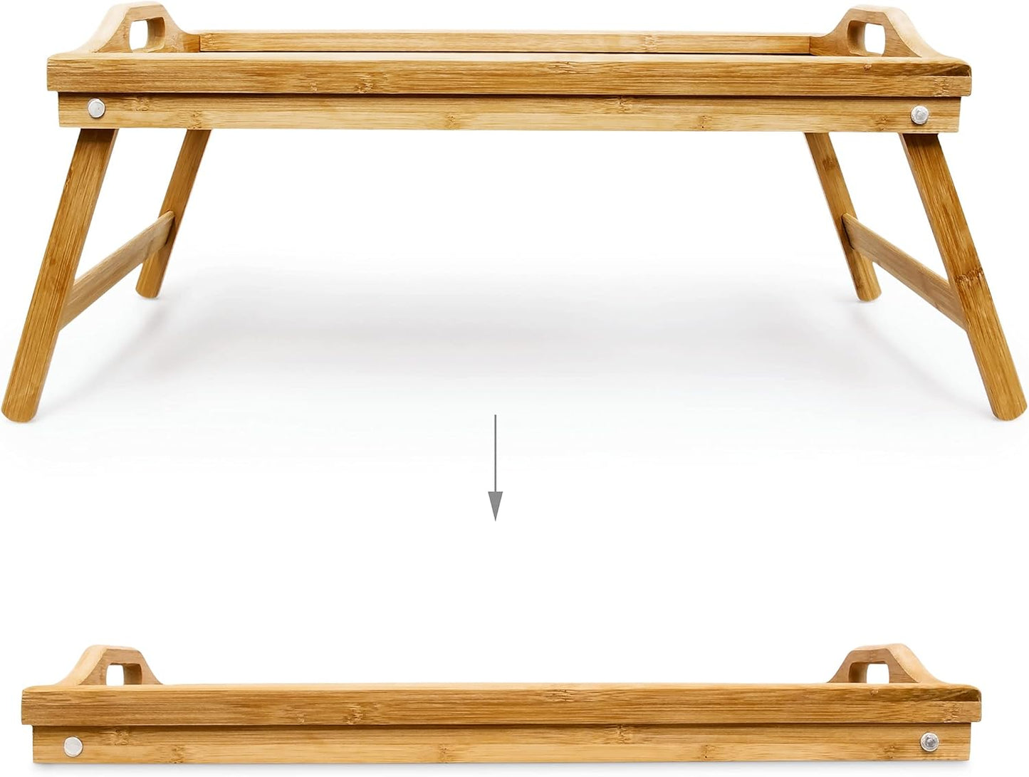 Relaxdays Bamboo Wooden Breakfast in Bed Tray, 50 x 30 x 23 cm Serving Tray With Folding Legs And Handles, Natural Brown