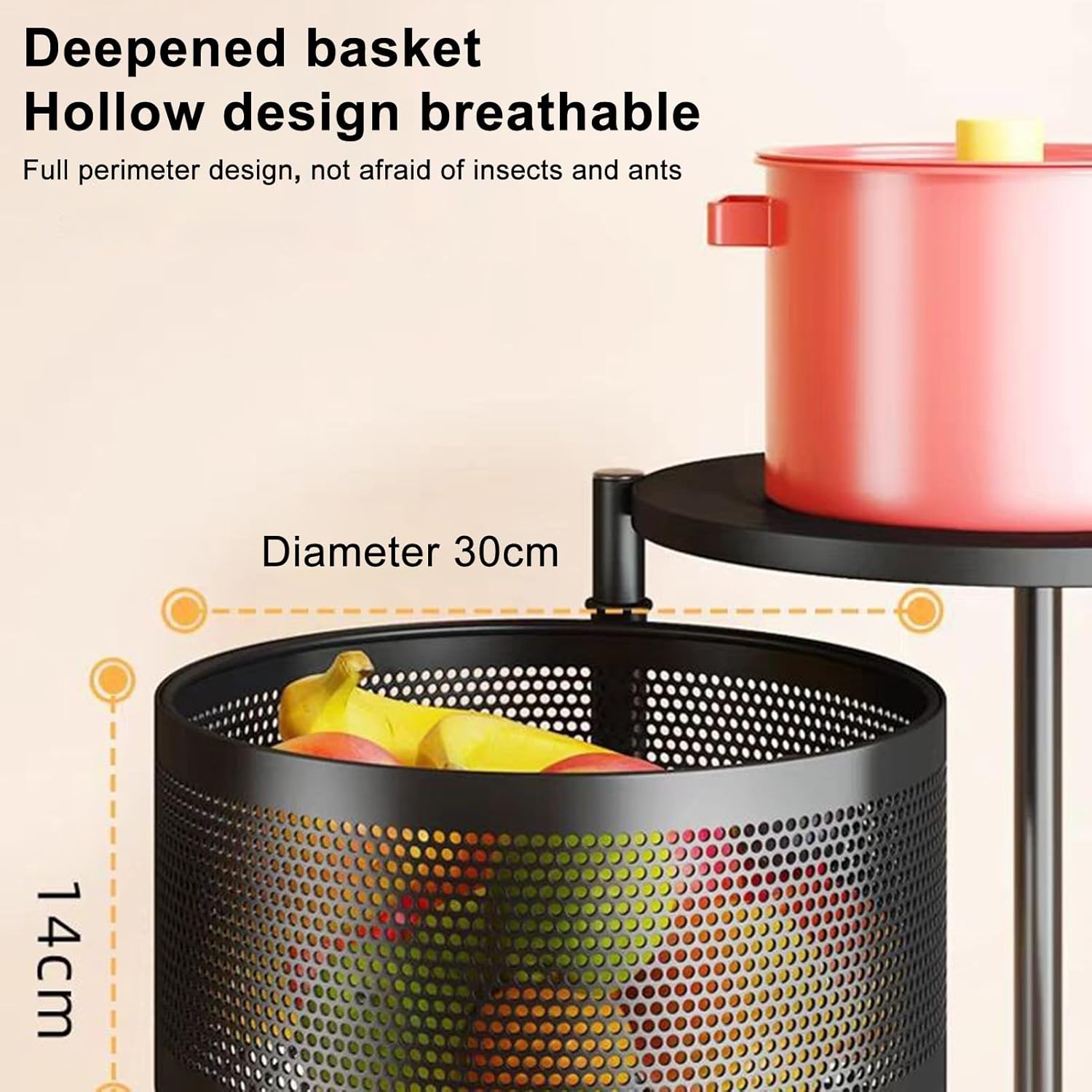 Rotating Storage Rack for Kitchen, Fruit and Vegetable Basket Bowls for Kitchen with Metal Top Lid, 5 Tier Circular Rotating Basket Large Storage Rack with Wheels, Wire Basket Organizer Blac
