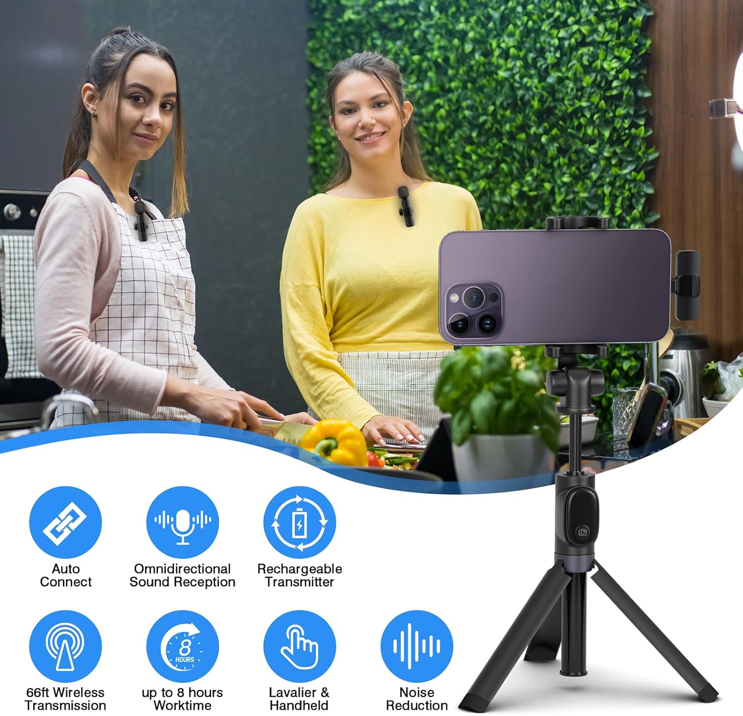 Wireless Microphone for iPhone, iPad, Cordless Lavalier Lapel Omnidirectional Condenser Recording Mic for Video Recording, Live Streaming, Interview Podcast Vlog YouTube Tiktok(2 Pack)