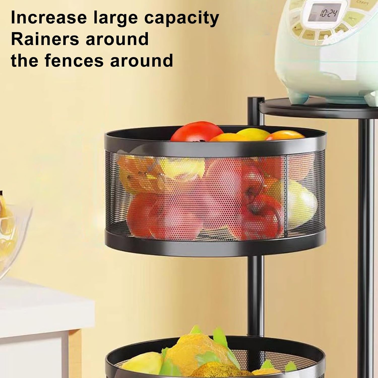Rotating Storage Rack for Kitchen, Fruit and Vegetable Basket Bowls for Kitchen with Metal Top Lid, 5 Tier Circular Rotating Basket Large Storage Rack with Wheels, Wire Basket Organizer Blac