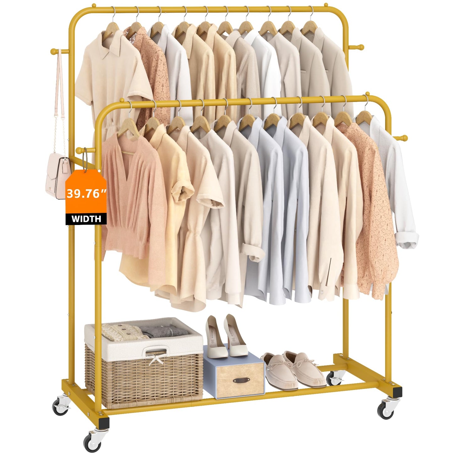 Laiensia Double Rods Garment Rack with Wheels, Clothing Rack for Hanging Clothes,4 Hooks, Multi-functional Bedroom Clothes Rack, Black