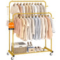Laiensia Double Rods Garment Rack with Wheels, Clothing Rack for Hanging Clothes,4 Hooks, Multi-functional Bedroom Clothes Rack, Black