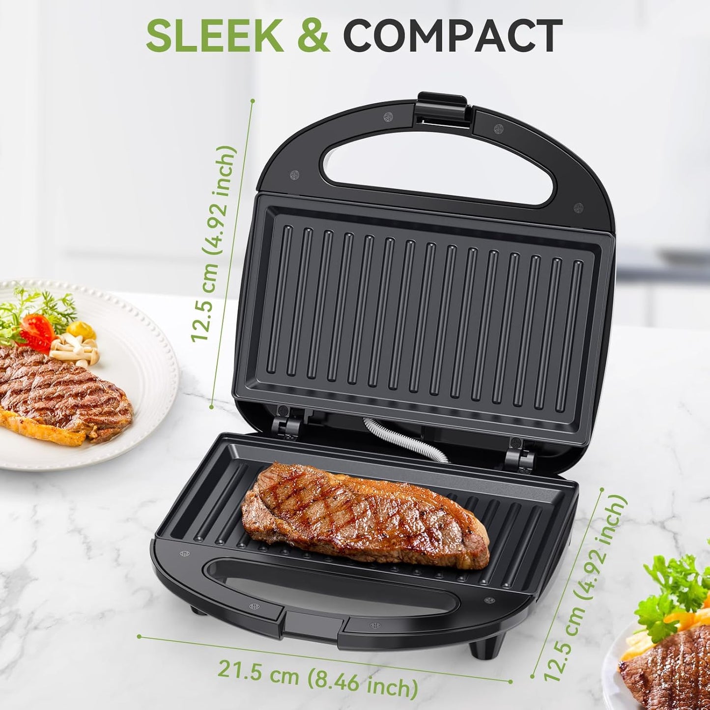 Snailar 2 Slice Sandwich Toaster with Grill Plates, Non-Stick, PFOA Free, Cool Touch Handle, 750W, Black