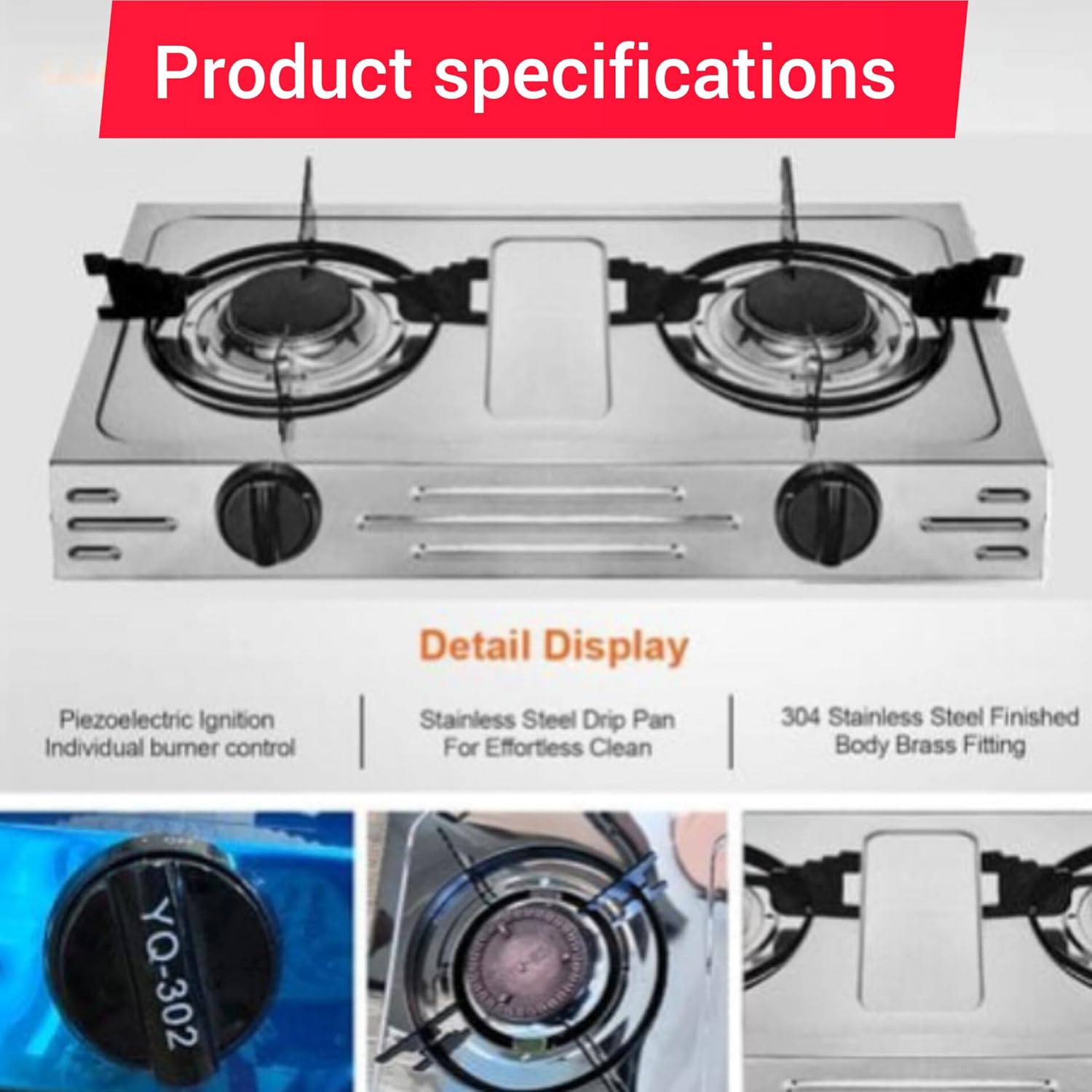 2-Burner Gas Stove with Piezoelectric Ignition, Stainless Steel Drip Pan, Individual Burner Control, 304 Stainless Steel Body