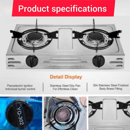 2-Burner Gas Stove with Piezoelectric Ignition, Stainless Steel Drip Pan, Individual Burner Control, 304 Stainless Steel Body