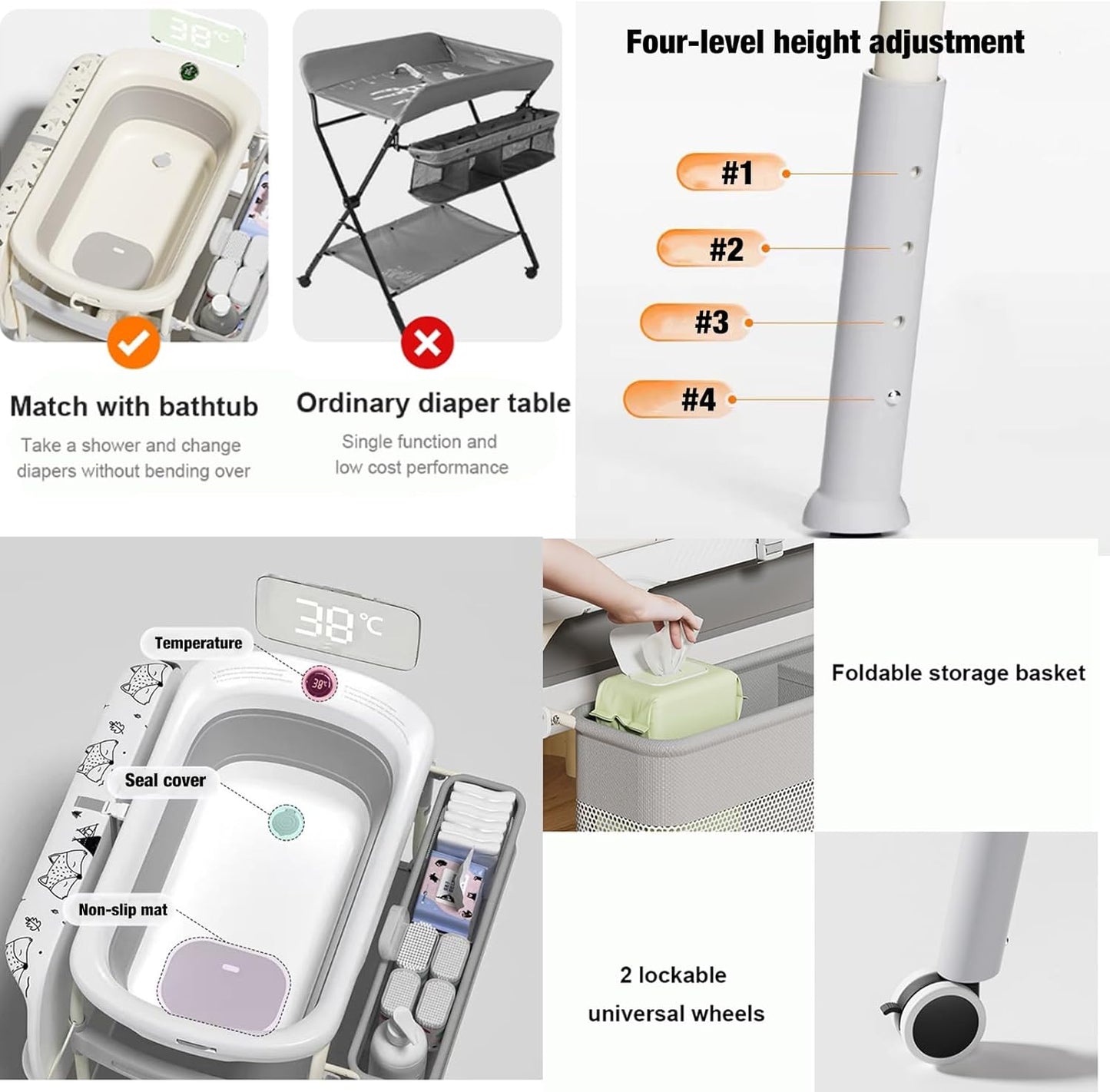 PandaEar 2-in-1 Baby Bathtub & Changing Table, Adjustable Height Folding Diaper Station Waterproof Pad with Storage Rack & Wheels, Baby Bath Tub with Thermometer